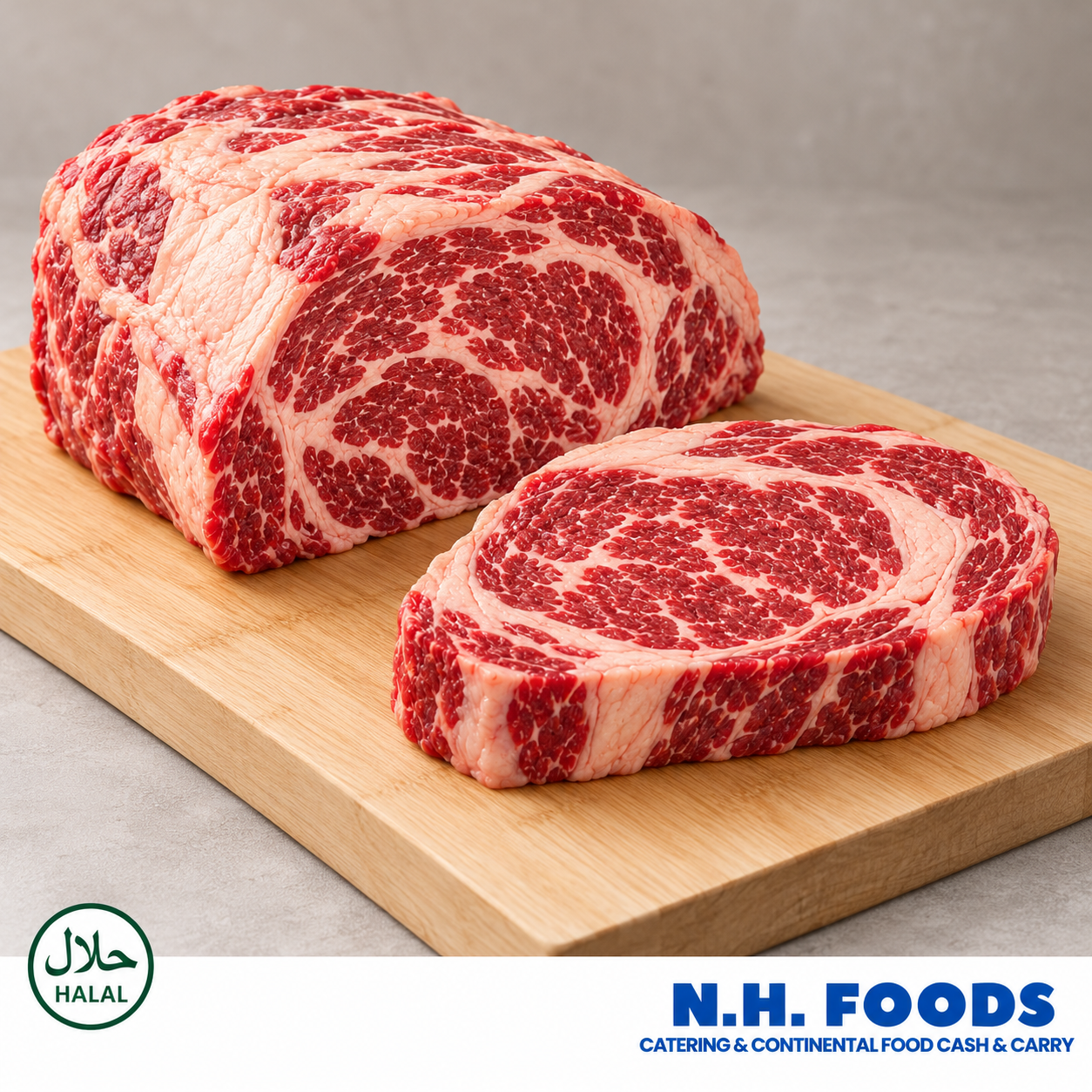 Fresh raw beef ribeye joint with a Halal label