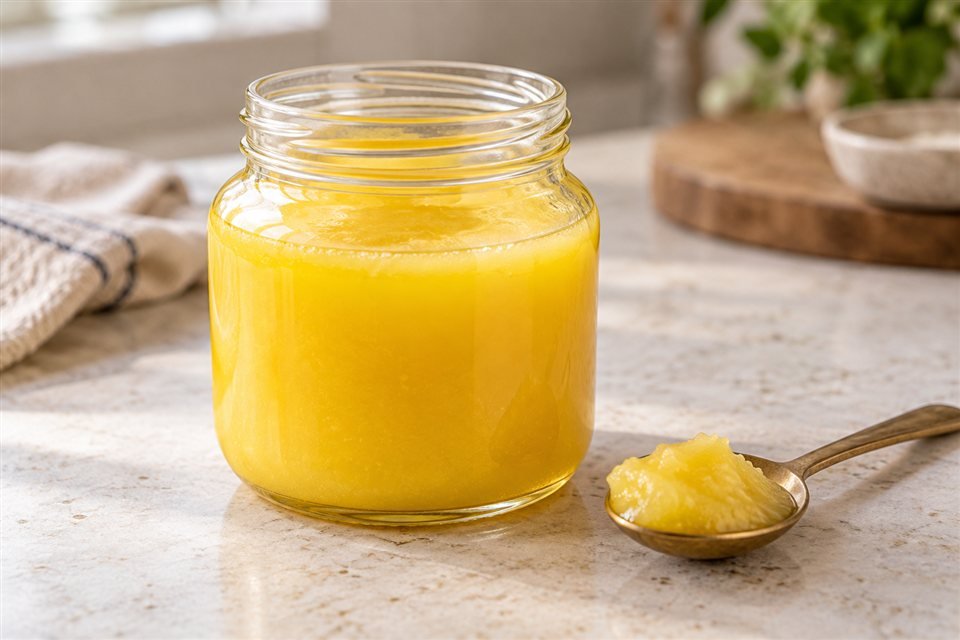 Golden desi ghee in a glass jar with a spoon