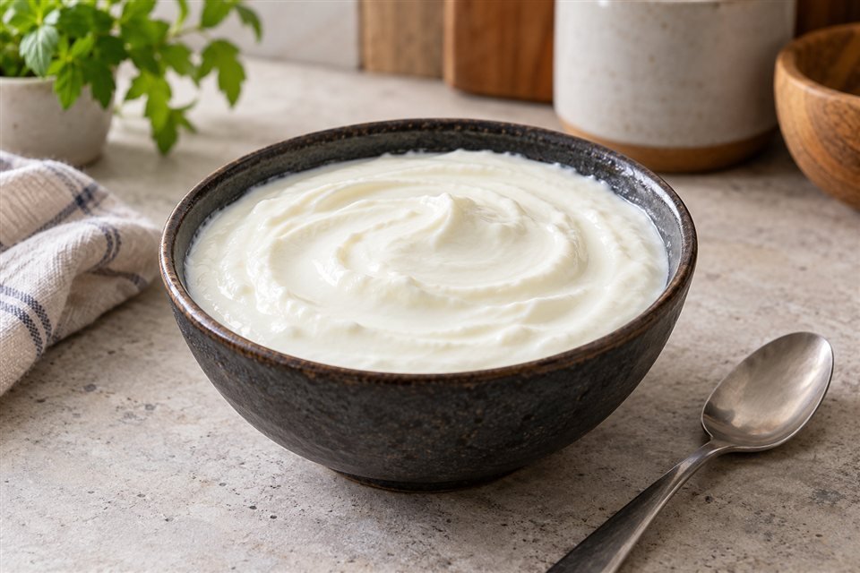 Plain white yogurt in a ceramic bowl