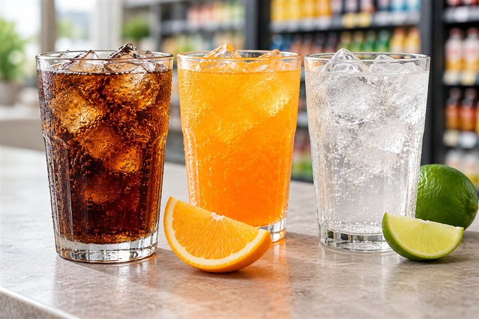 Cola, orange soda and lemonade served over ice