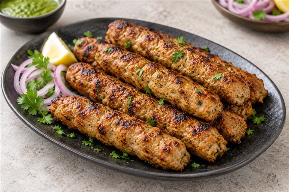 Grilled seekh kebabs on a serving plate