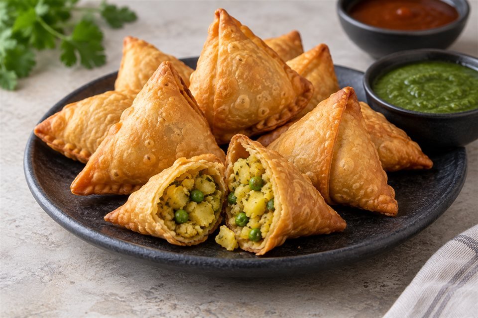 Golden samosas with a potato and pea filling