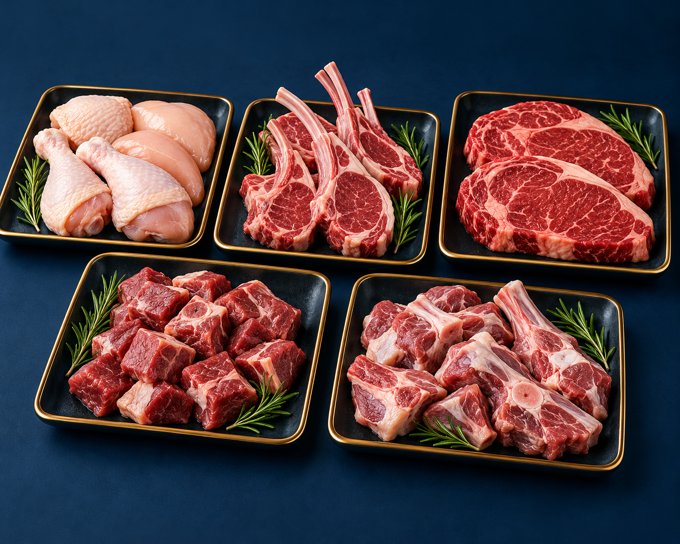 Illustration of chicken, lamb, beef, mutton and goat cuts