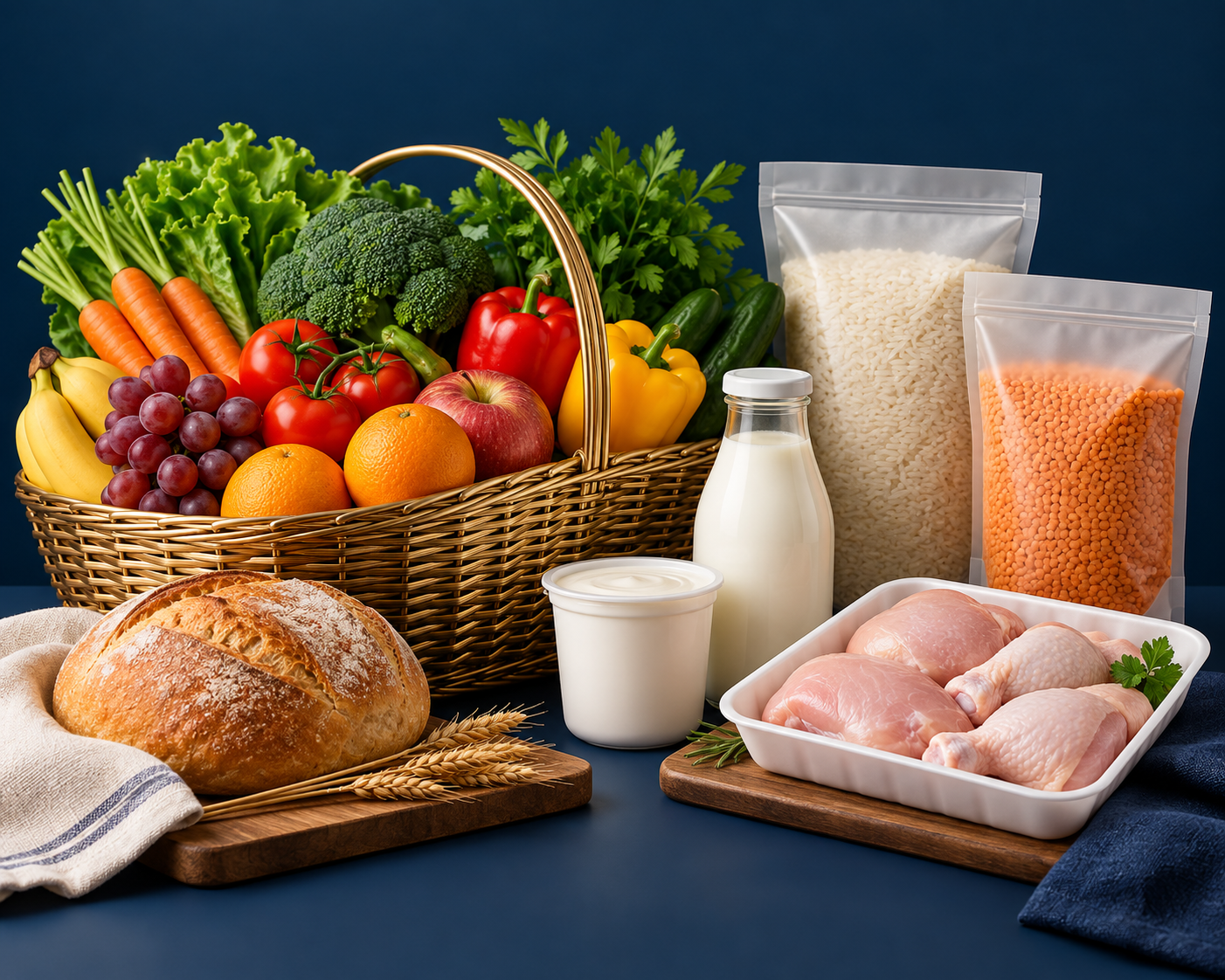 Illustration of a halal grocery range with produce, pantry staples, dairy, bread and chicken