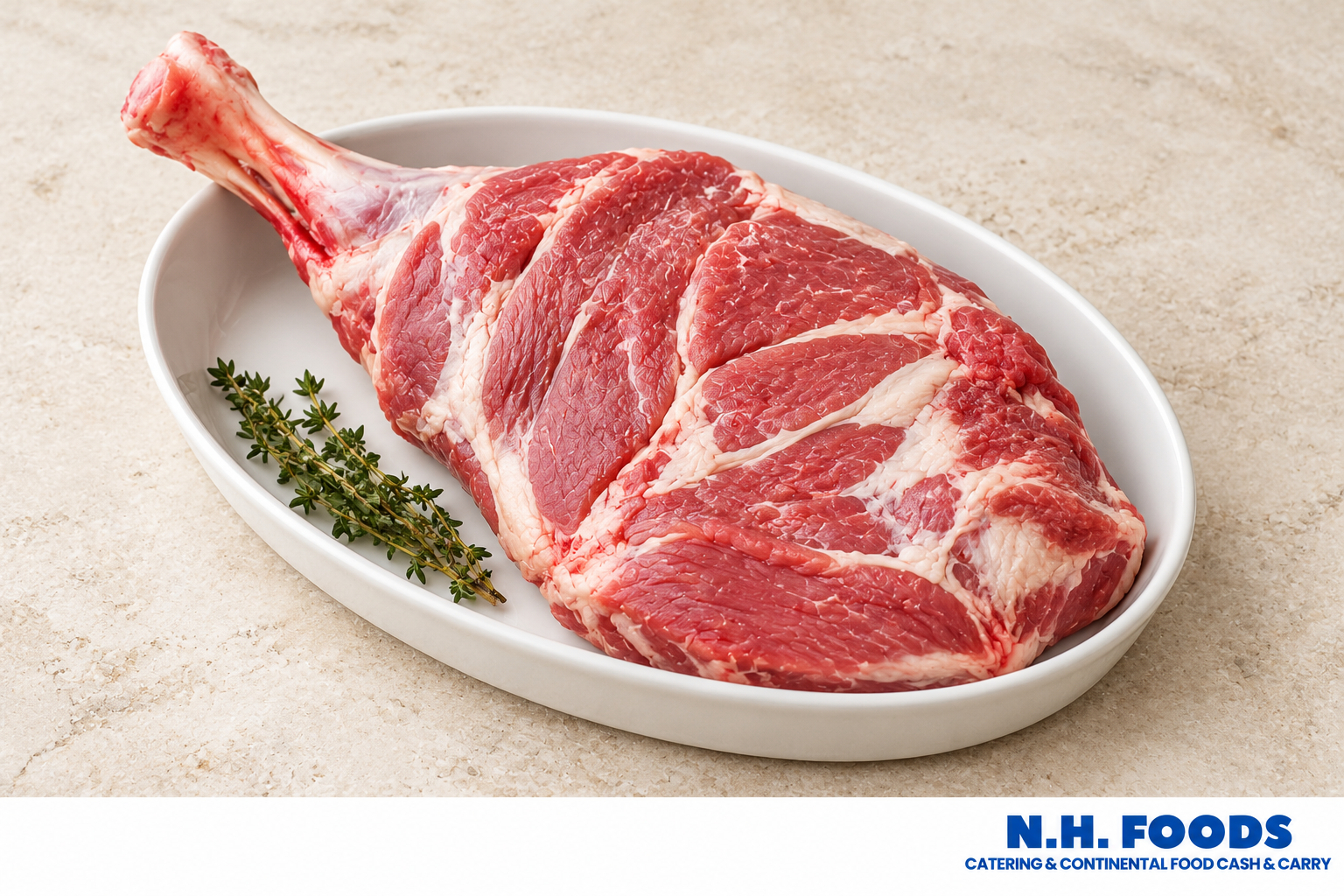 Fresh raw lamb shoulder with thyme in a white dish