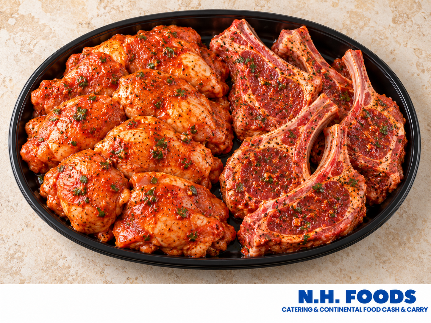Marinated lamb chops and chicken in a butcher display tray