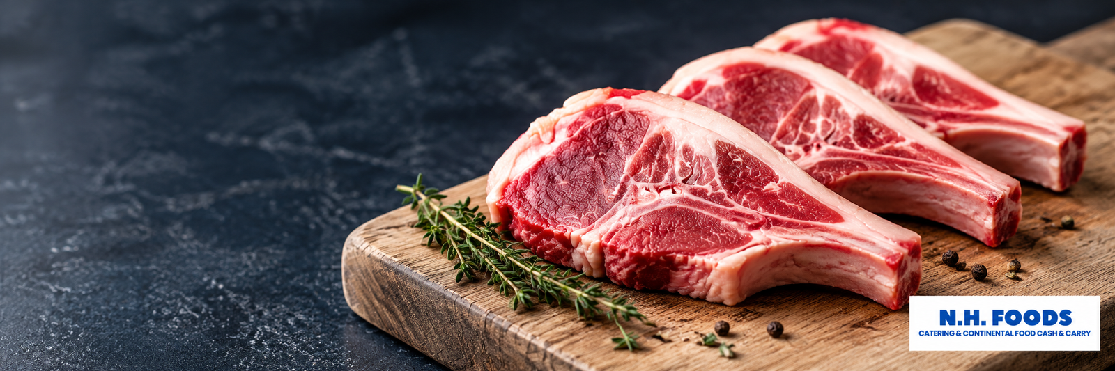 Fresh bone-in mutton chops with thyme on a wooden butcher board