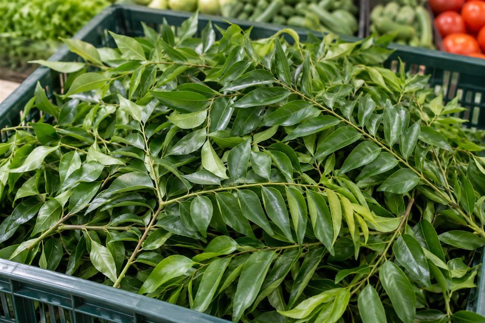 Fresh curry leaf sprigs in a produce crate