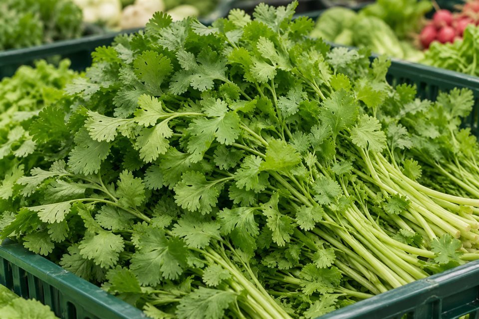 Fresh coriander bunches in a produce crate